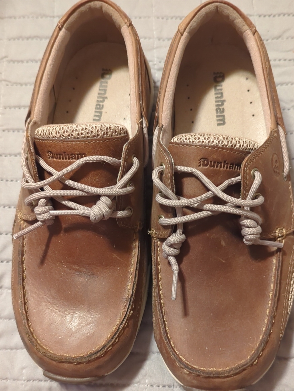 Dunham Brown Leather Men's Boat Shoes with Light Gray Laces